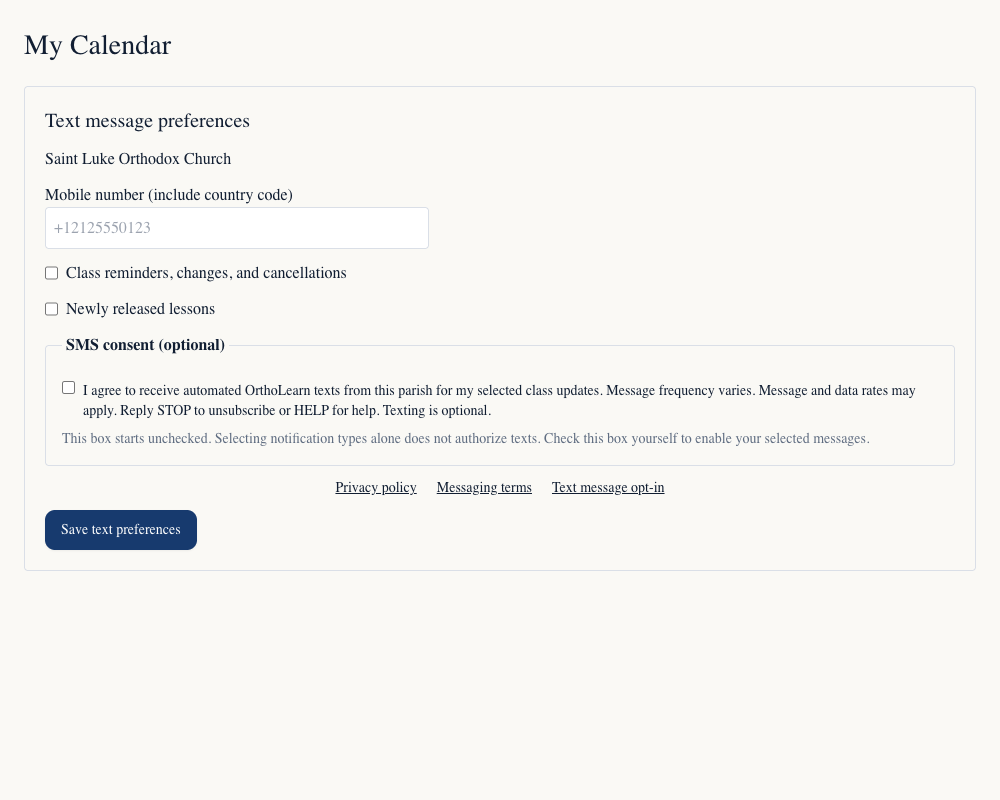 OrthoLearn text preferences form showing mobile number, notification choices, unchecked SMS consent, privacy and terms links, and save button